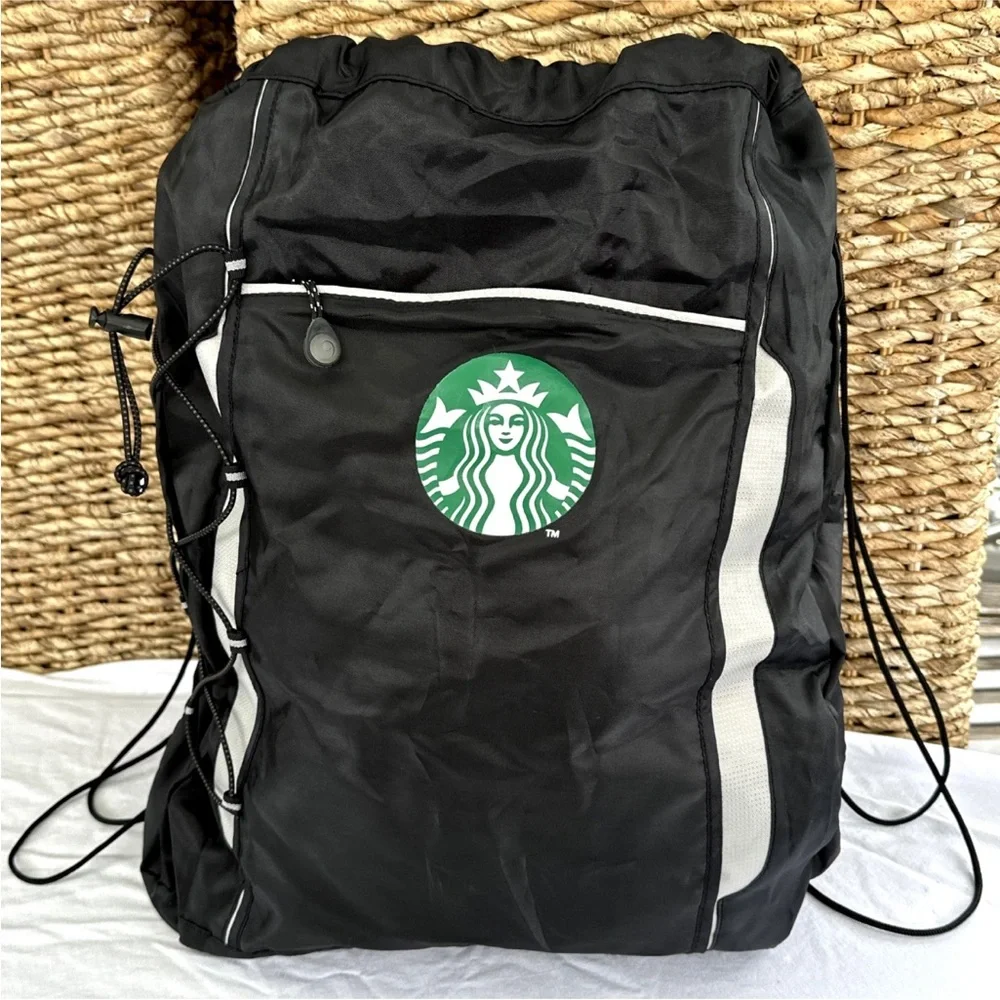 Starbucks Logo Drawstring Backpack Cinch Bag Gym Black Reflective Bungee 